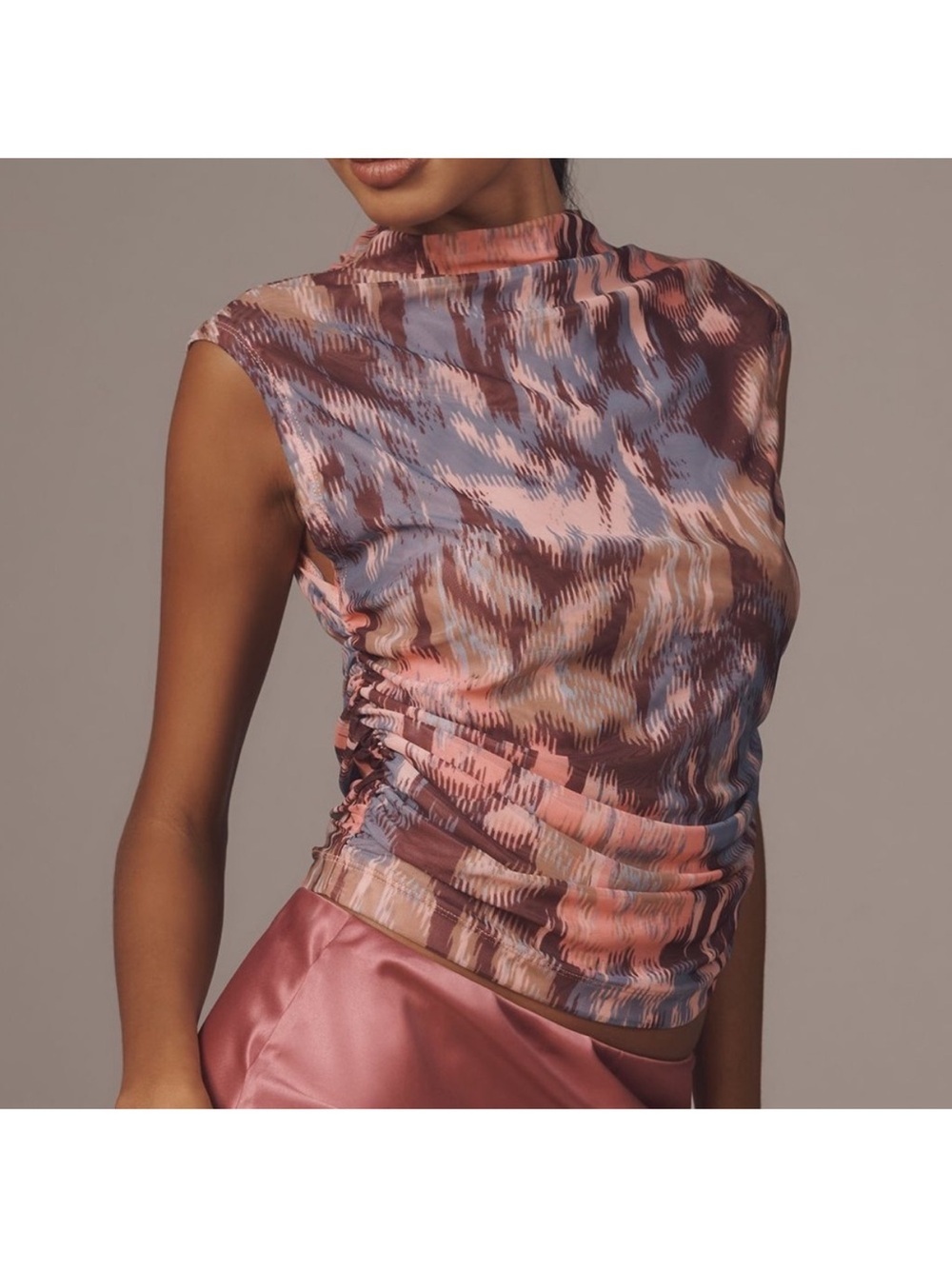 Anthropologie Maeve Mock Neck Mesh Muscle Top Side Ruched Pink Brown Sz L NEW